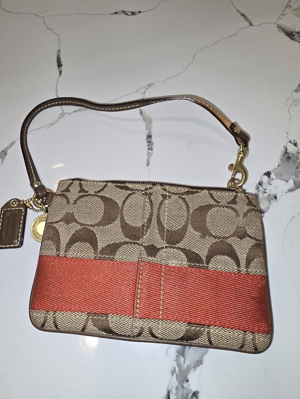 Coach Signature C Jacquard Wine Khaki Brown Satin Border Wristlet Zip  #40028